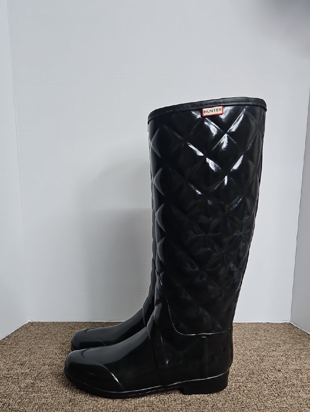 Hunter Black Quilted Glossy Tall Boots Size 7 Womens - Picture 3 of 9